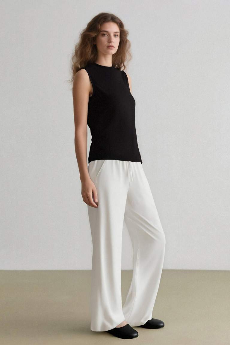 Keten Karışımlı Pantolon Wide Leg Geniş Bol Paça Üç Cepli Normal Bel Basic Düz Standart Boy