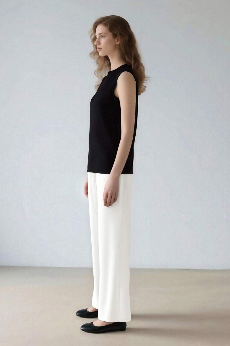 Keten Karışımlı Pantolon Wide Leg Geniş Bol Paça Üç Cepli Normal Bel Basic Düz Standart Boy