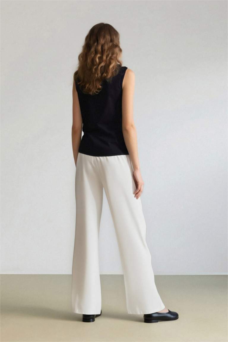 Keten Karışımlı Pantolon Wide Leg Geniş Bol Paça Üç Cepli Normal Bel Basic Düz Standart Boy