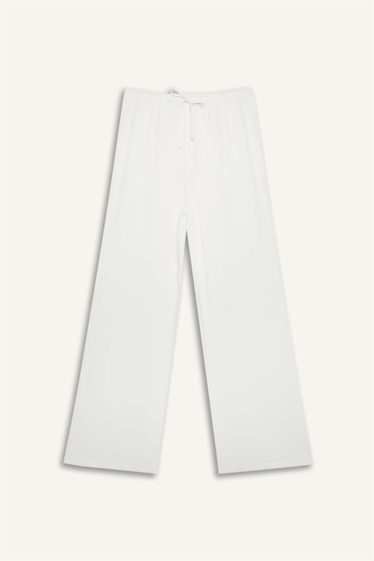 Keten Karışımlı Pantolon Wide Leg Geniş Bol Paça Üç Cepli Normal Bel Basic Düz Standart Boy