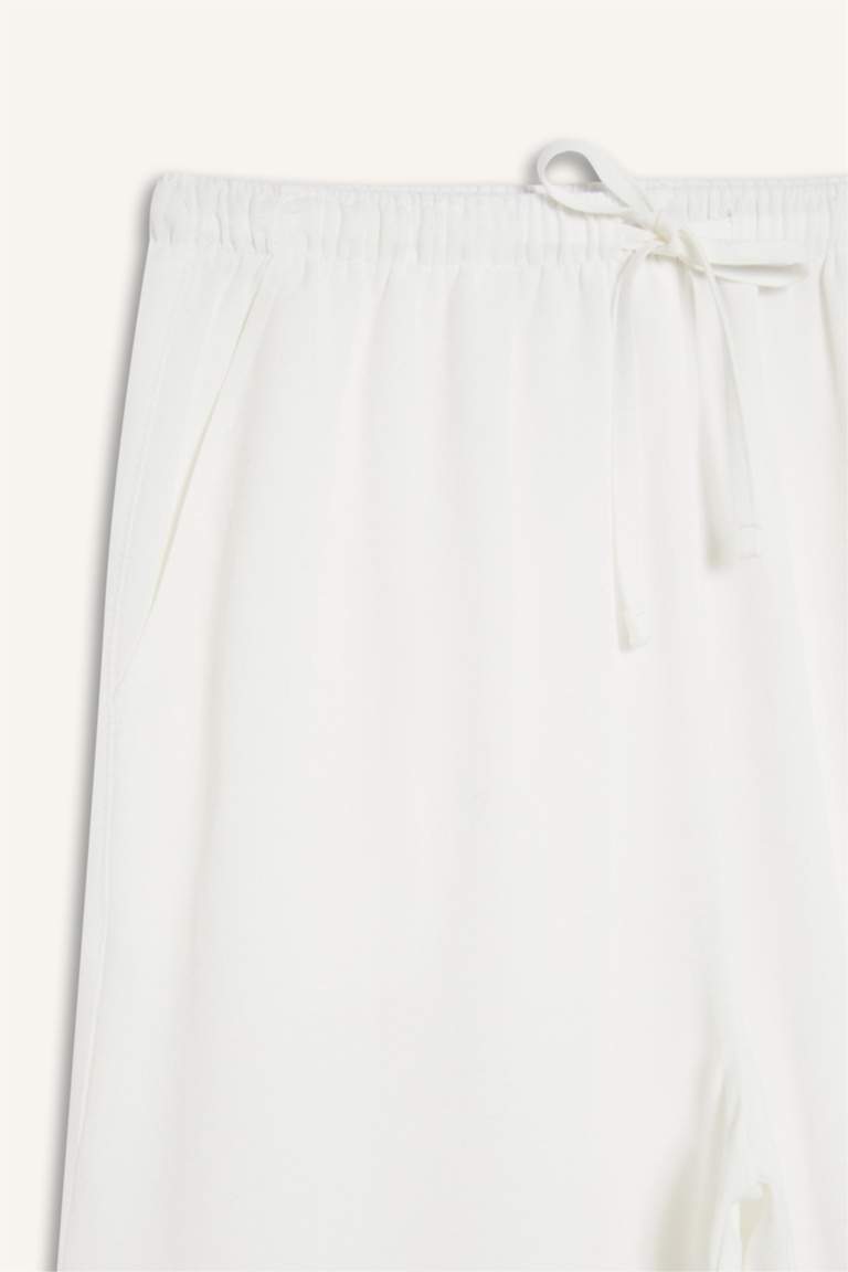 Keten Karışımlı Pantolon Wide Leg Geniş Bol Paça Üç Cepli Normal Bel Basic Düz Standart Boy