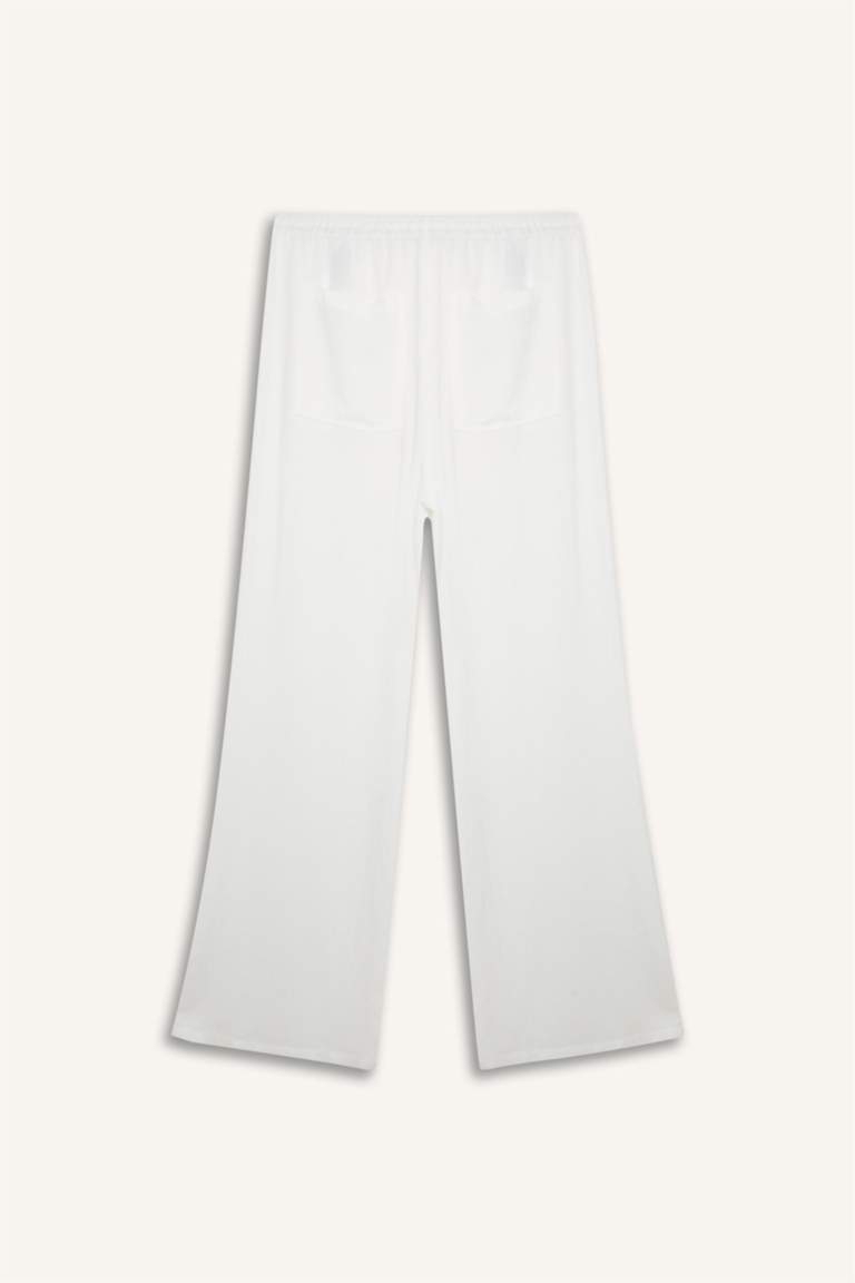 Keten Karışımlı Pantolon Wide Leg Geniş Bol Paça Üç Cepli Normal Bel Basic Düz Standart Boy