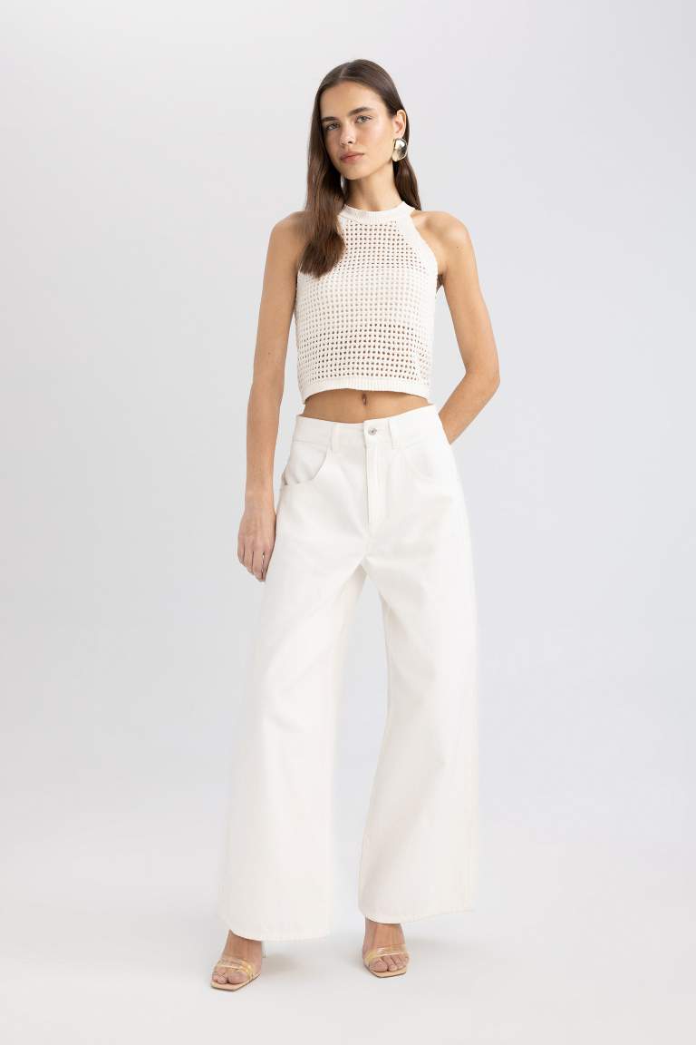 Halter Neck Openwork Knitwear Crop Top