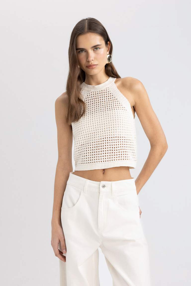 Halter Neck Openwork Knitwear Crop Top