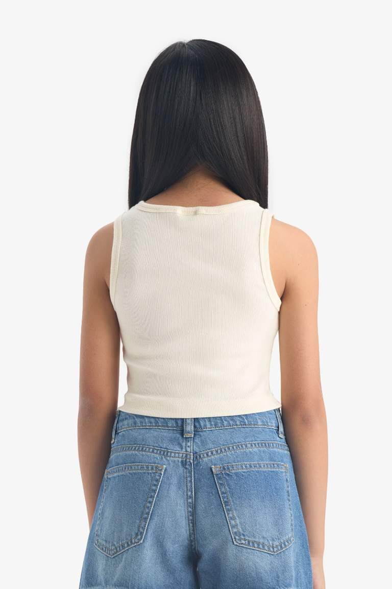 Kız Çocuk Bisiklet Yaka Baskılı Crop Atlet