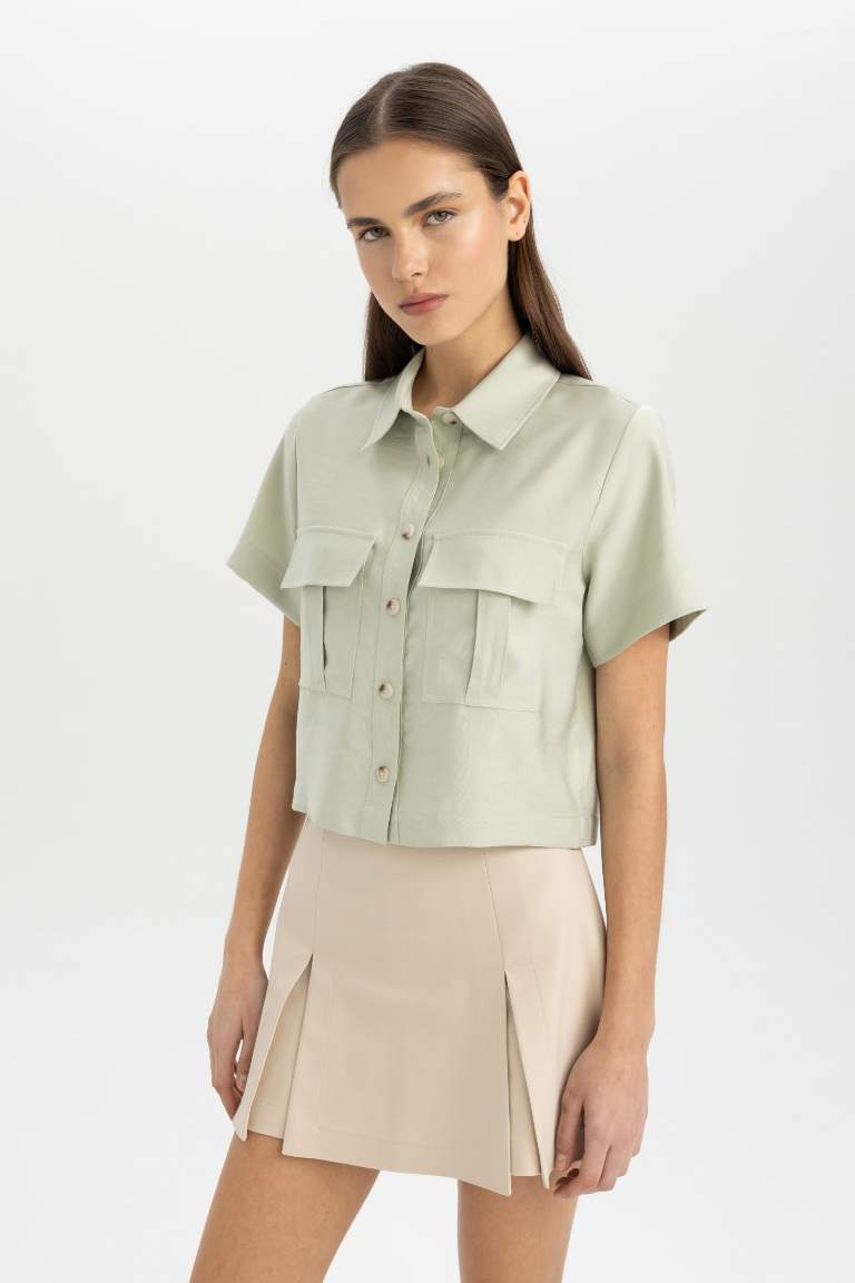 Shirt Collar Tencel Short Sleeve Crop Shirt