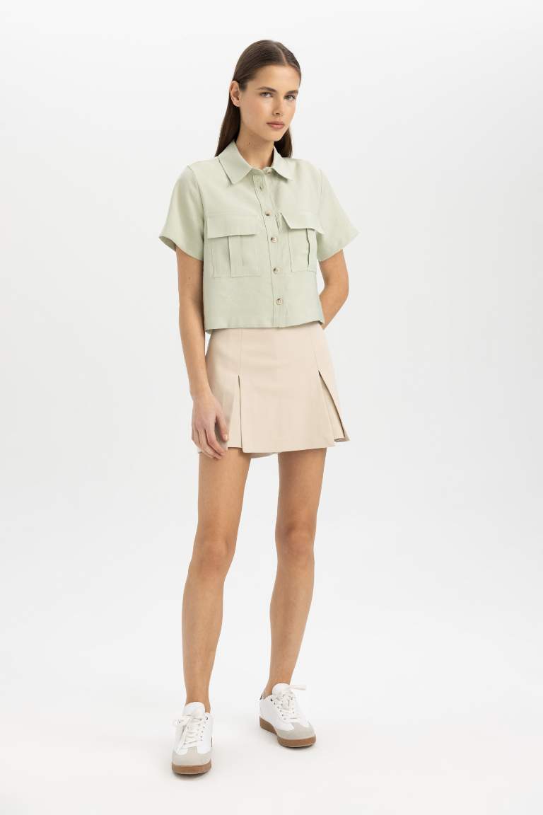 Shirt Collar Tencel Short Sleeve Crop Shirt