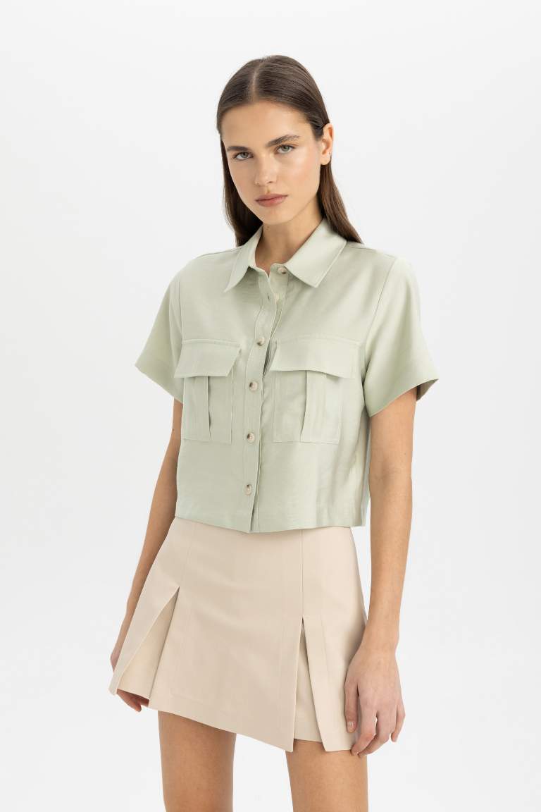 Shirt Collar Tencel Short Sleeve Crop Shirt