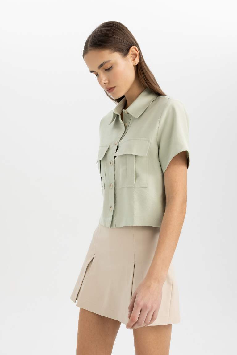 Shirt Collar Tencel Short Sleeve Crop Shirt