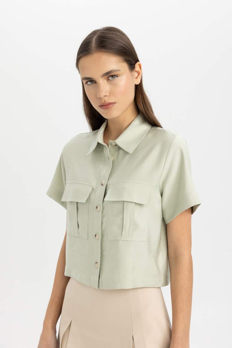 Shirt Collar Tencel Short Sleeve Crop Shirt