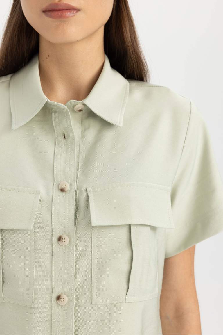 Shirt Collar Tencel Short Sleeve Crop Shirt