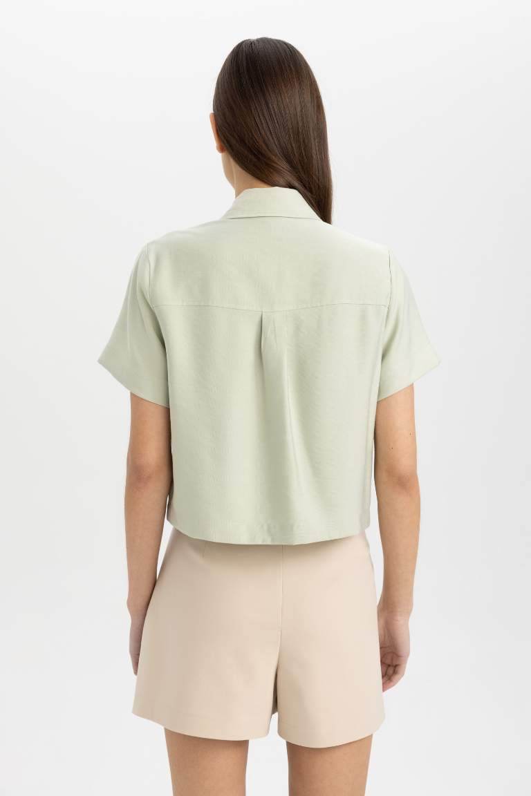 Shirt Collar Tencel Short Sleeve Crop Shirt