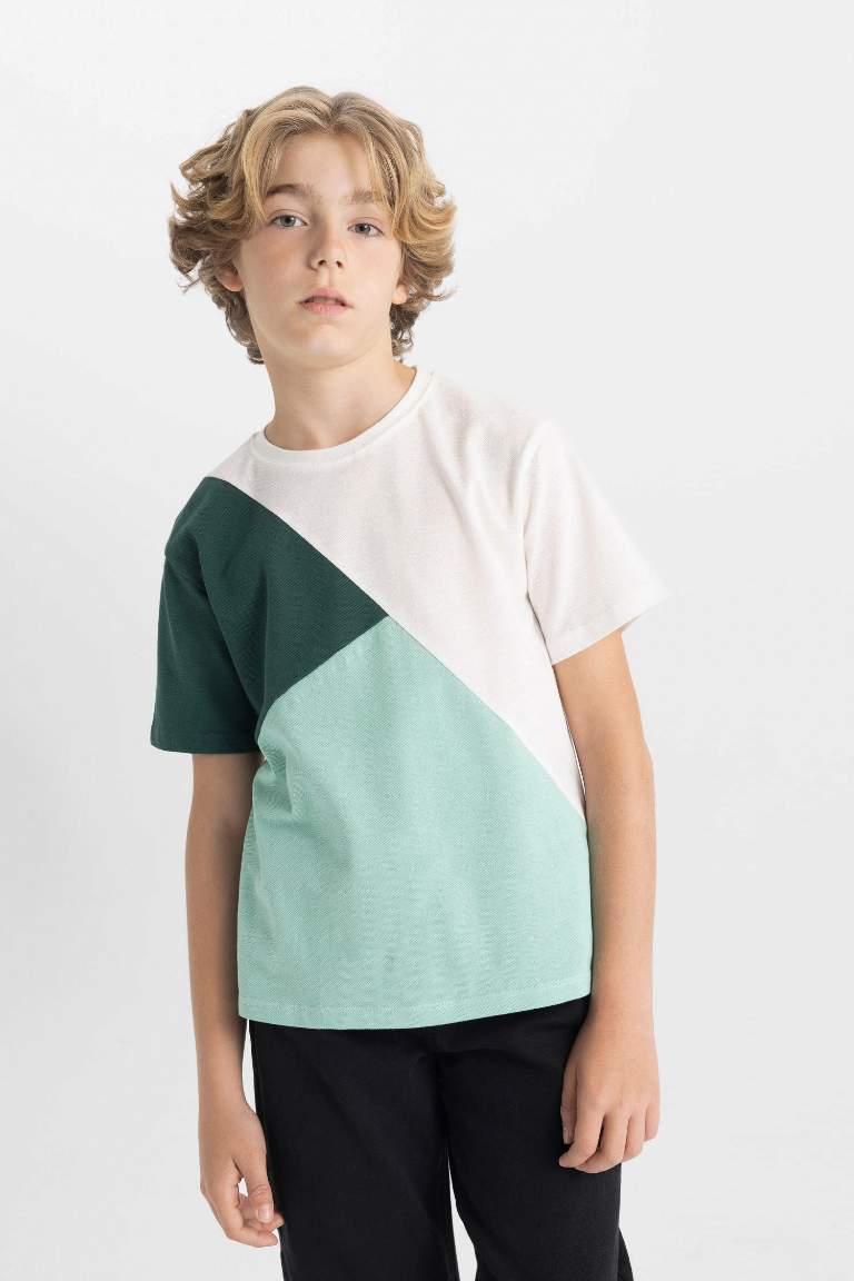 Boy Crew Neck Color Block Pique T-Shirt