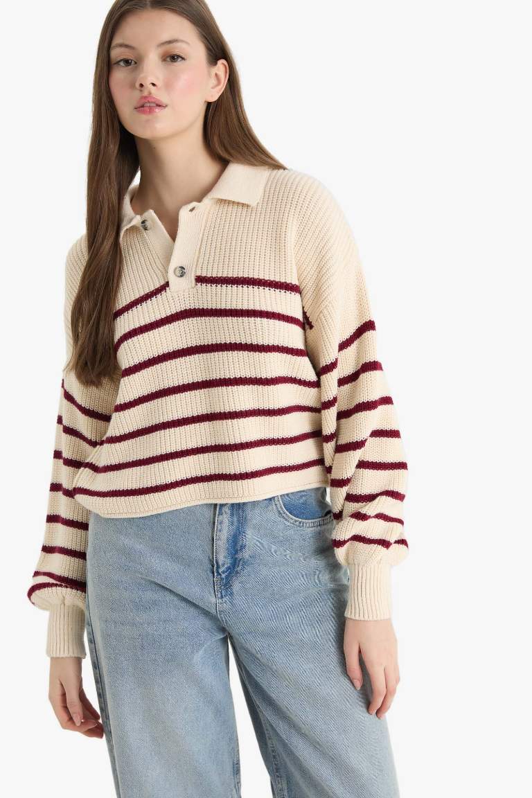Coool Relax Fit Polo Yaka Düğmeli Çizgili Triko Kazak