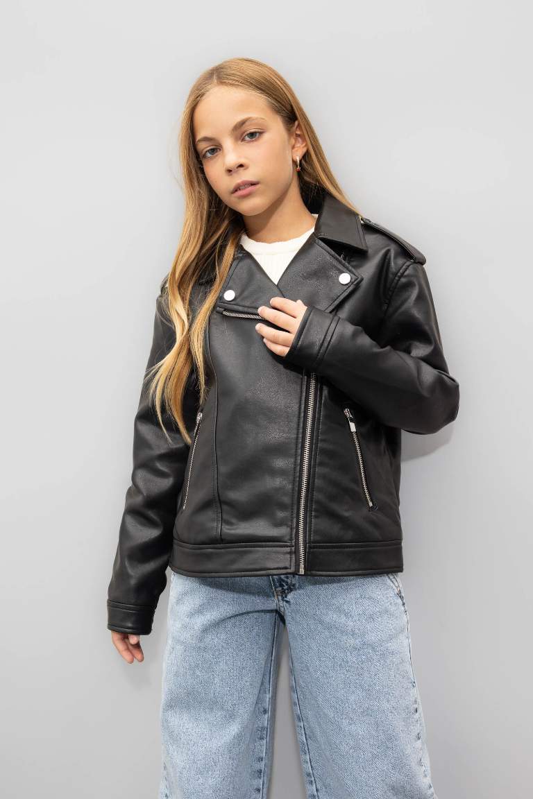 Girl Waterproof Jacket Collar Faux Leather Jacket