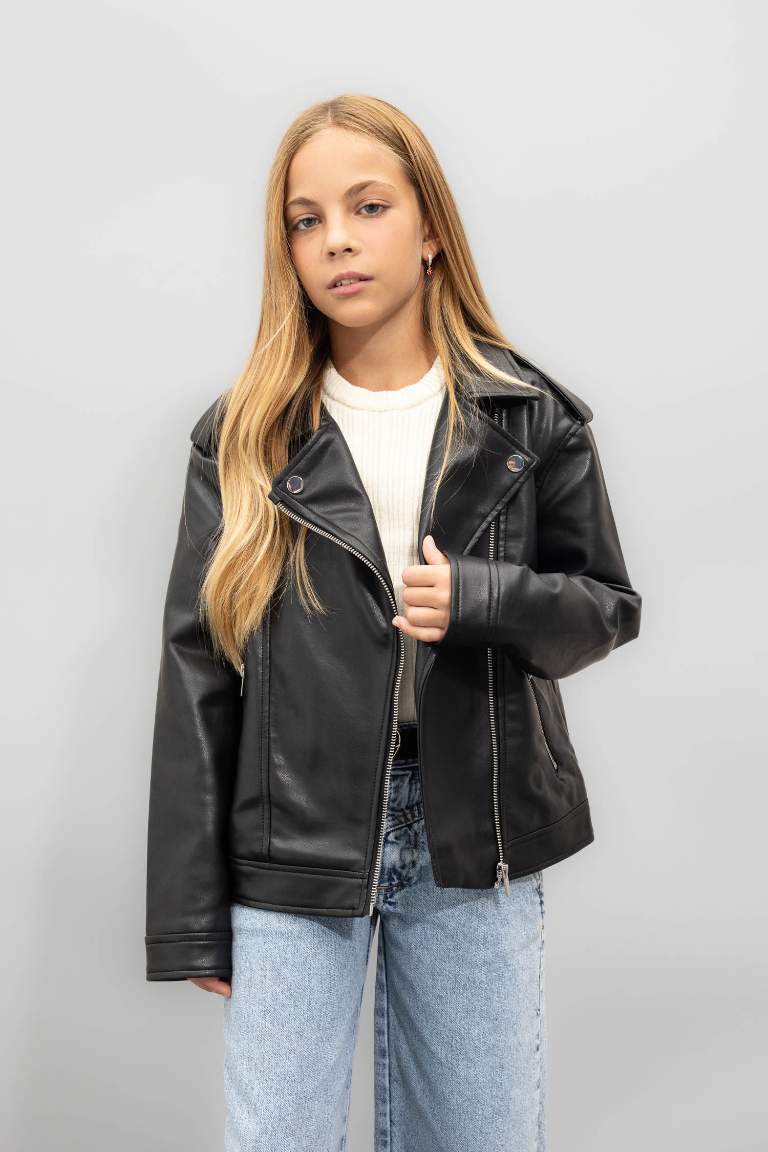 Girl Waterproof Jacket Collar Faux Leather Jacket