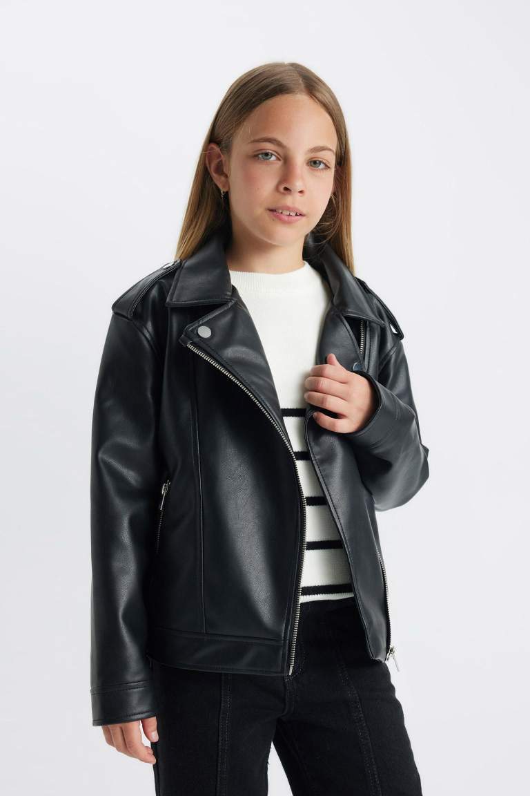 Girl Waterproof Jacket Collar Faux Leather Jacket