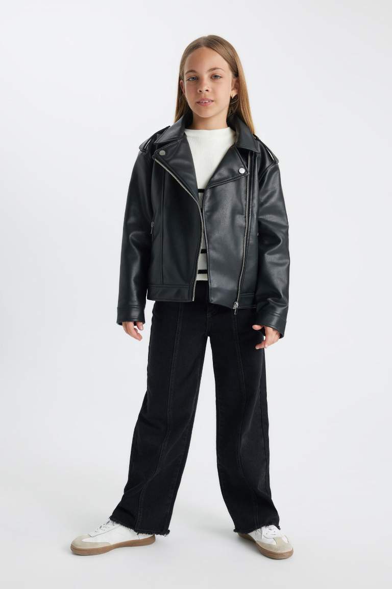 Girl Waterproof Jacket Collar Faux Leather Jacket