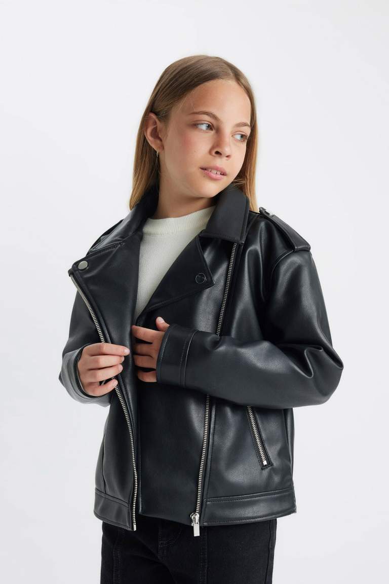 Girl Waterproof Jacket Collar Faux Leather Jacket