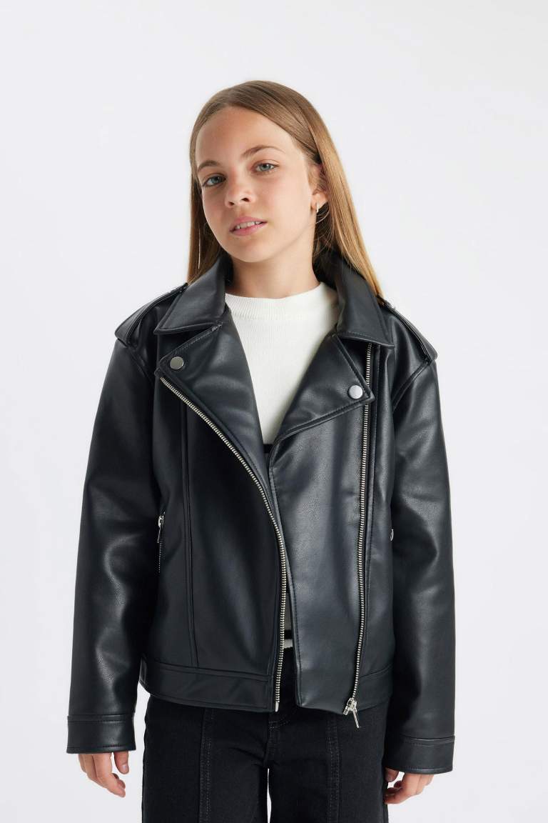 Girl Waterproof Jacket Collar Faux Leather Jacket