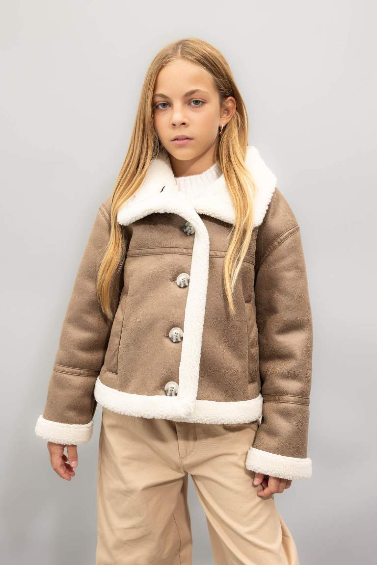 Girl Big Neck Waterproof Plush Faux Leather Jacket