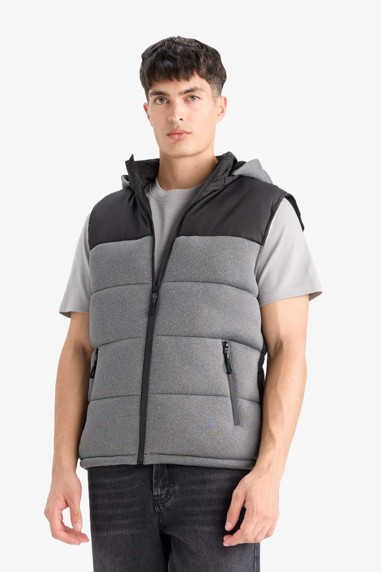 Slim Fit Hooded Zippered Puffer Vest