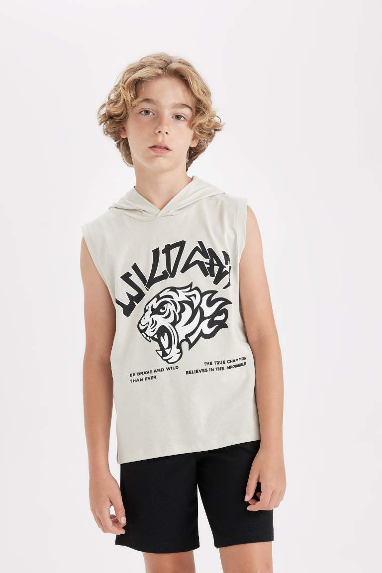 Boy Printed Hooded Sleeveless T-Shirt