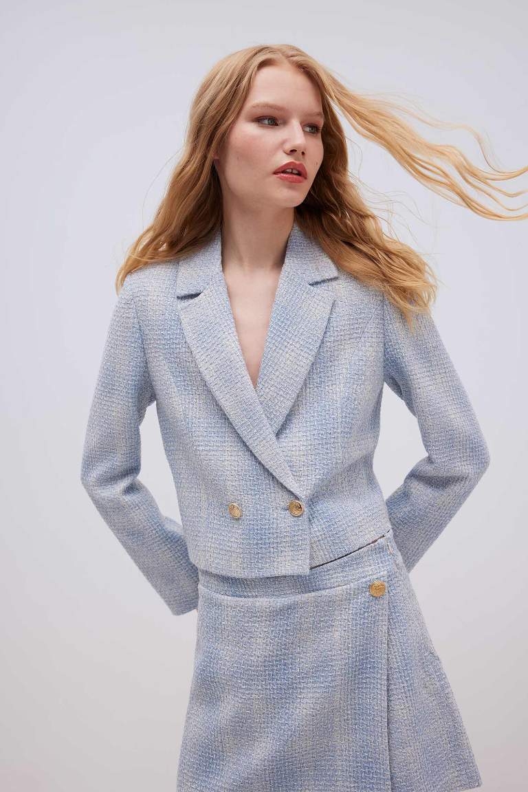 Jacket Collar Tweed Crop Blazer Jacket