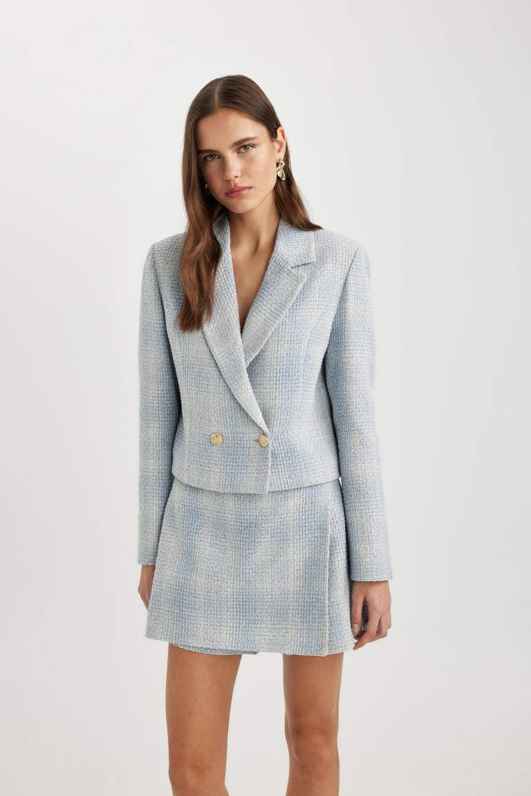 Jacket Collar Tweed Crop Blazer Jacket