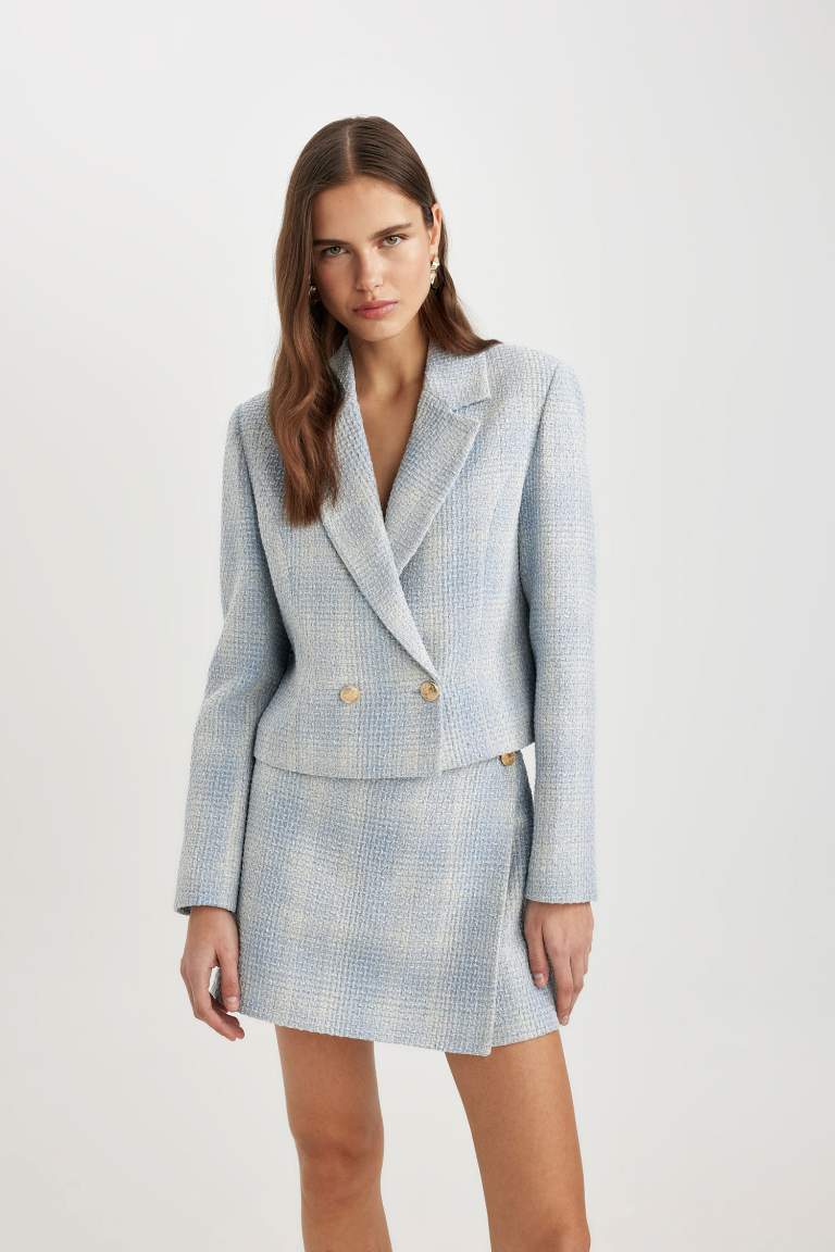 Jacket Collar Tweed Crop Blazer Jacket