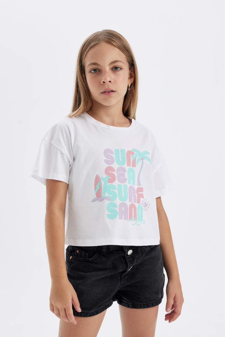 Girl Crew Neck Printed 2 Piece Crop Top T-Shirt