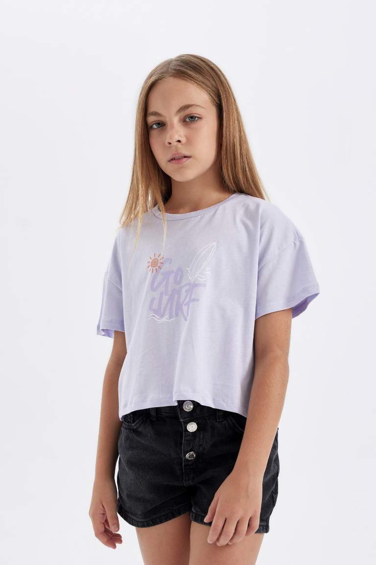 Girl Crew Neck Printed 2 Piece Crop Top T-Shirt