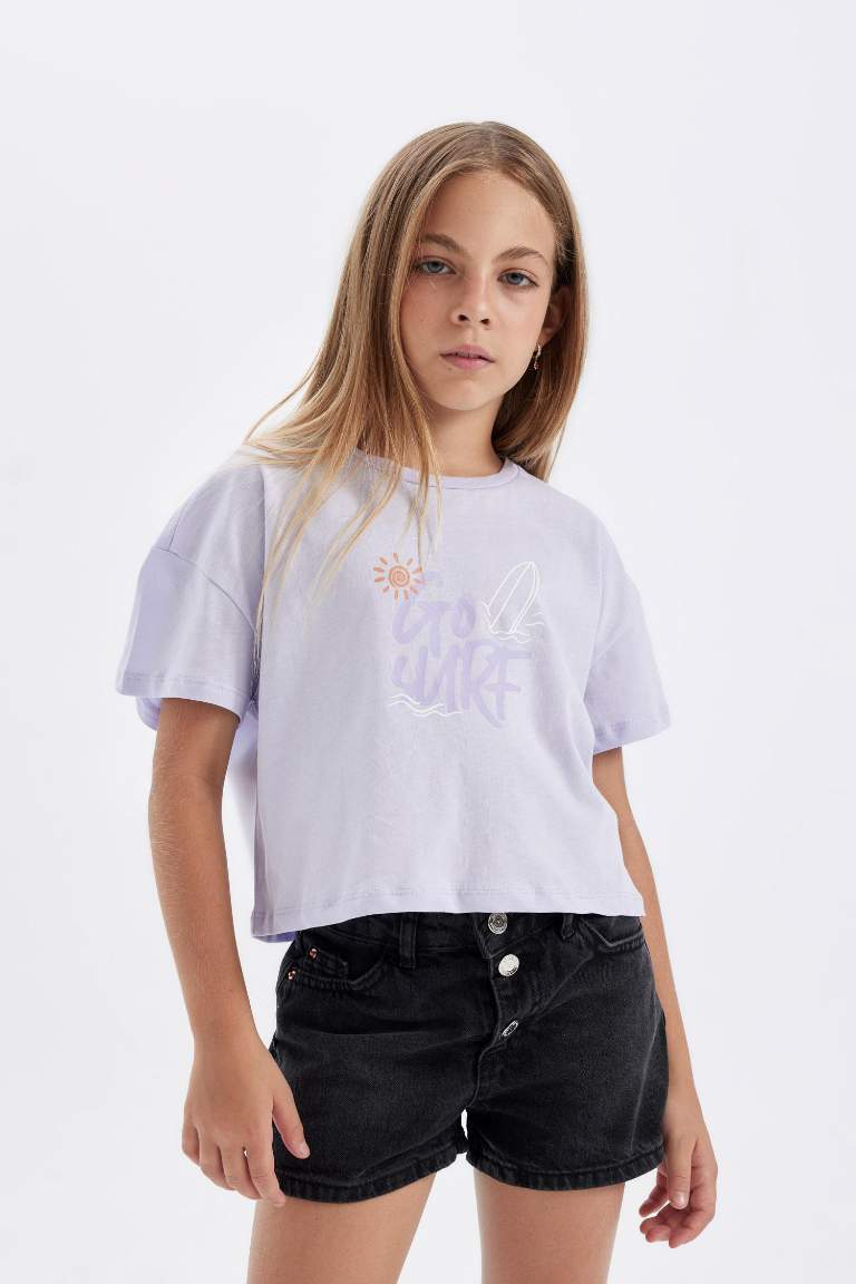 Girl Crew Neck Printed 2 Piece Crop Top T-Shirt