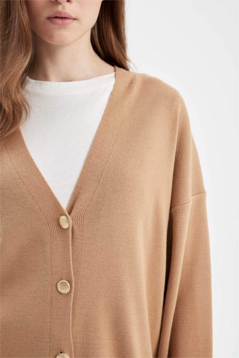 Relax Fit V Yaka Basic Düz Düğmeli Triko Hırka