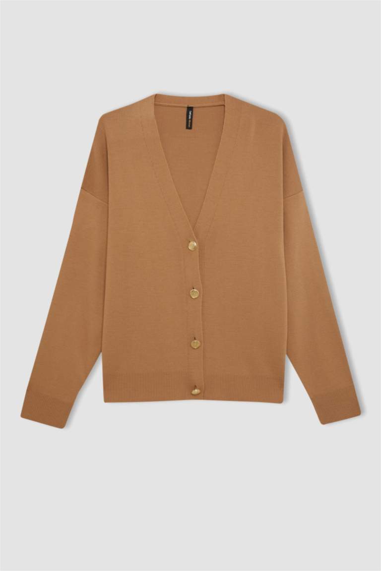 Relax Fit V Yaka Basic Düz Düğmeli Triko Hırka