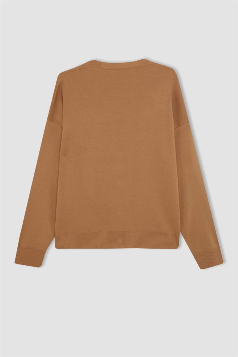 Relax Fit V Yaka Basic Düz Düğmeli Triko Hırka