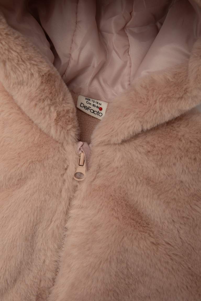 Kız Bebek Polar Astarlı Peluş Kapüşonlu Mont