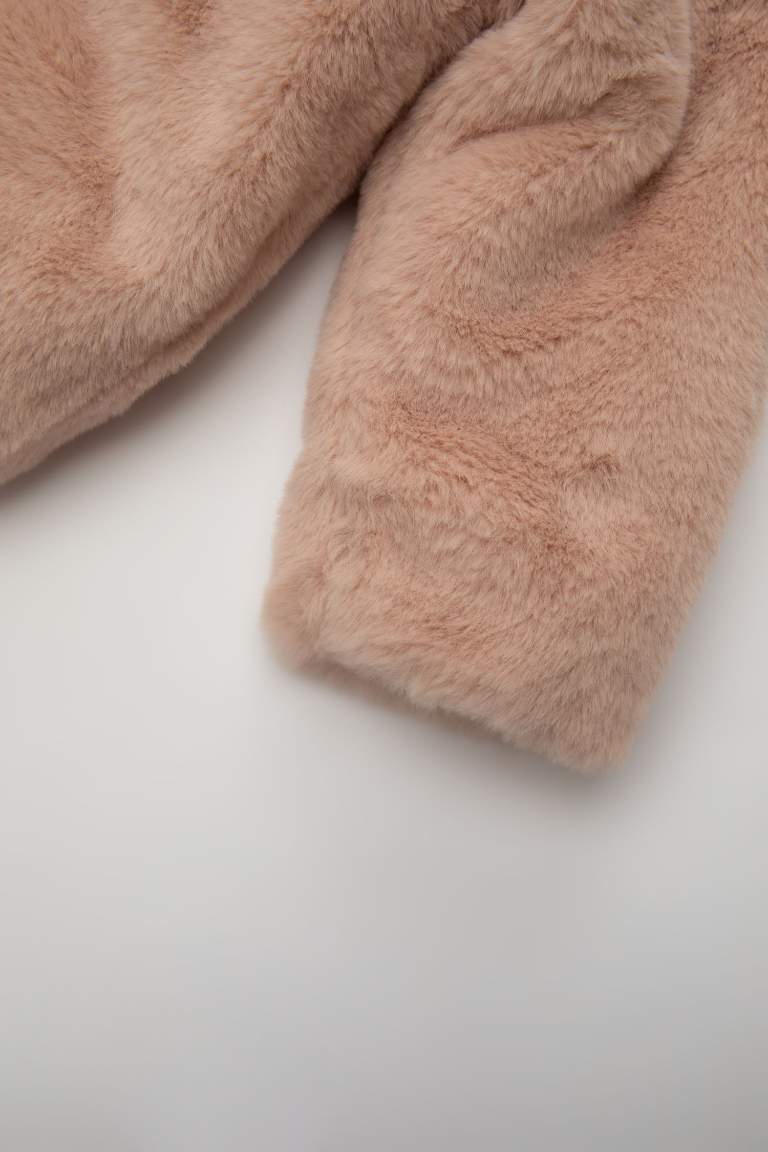 Kız Bebek Polar Astarlı Peluş Kapüşonlu Mont
