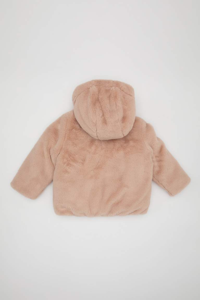 Kız Bebek Polar Astarlı Peluş Kapüşonlu Mont