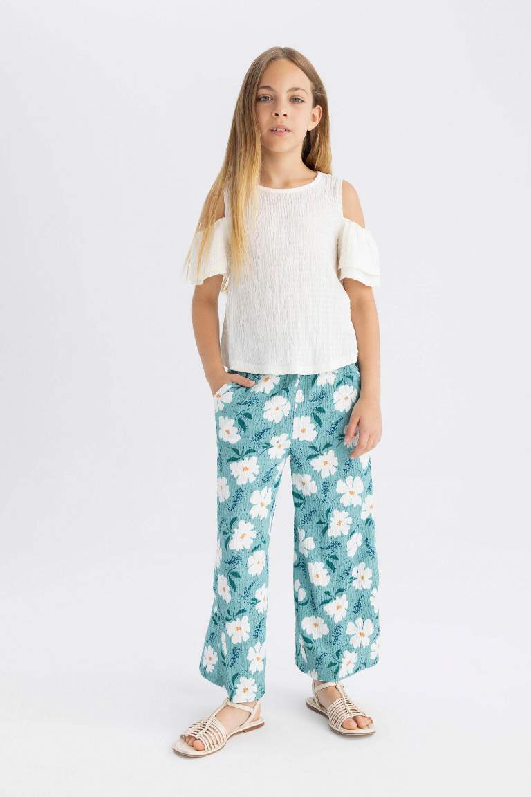 Girl Wide Leg Floral Wrinkled Trousers