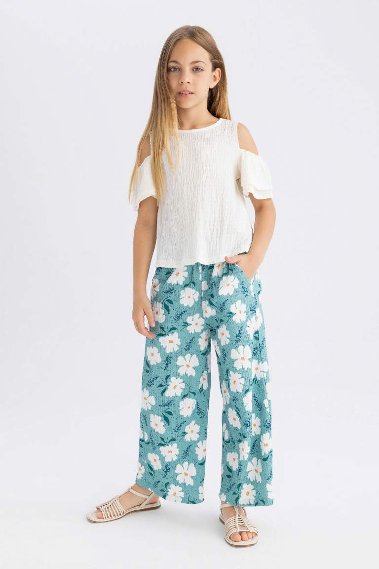 Girl Wide Leg Floral Wrinkled Trousers