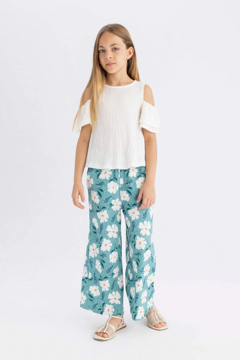 Girl Wide Leg Floral Wrinkled Trousers