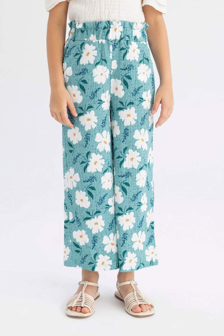 Girl Wide Leg Floral Wrinkled Trousers