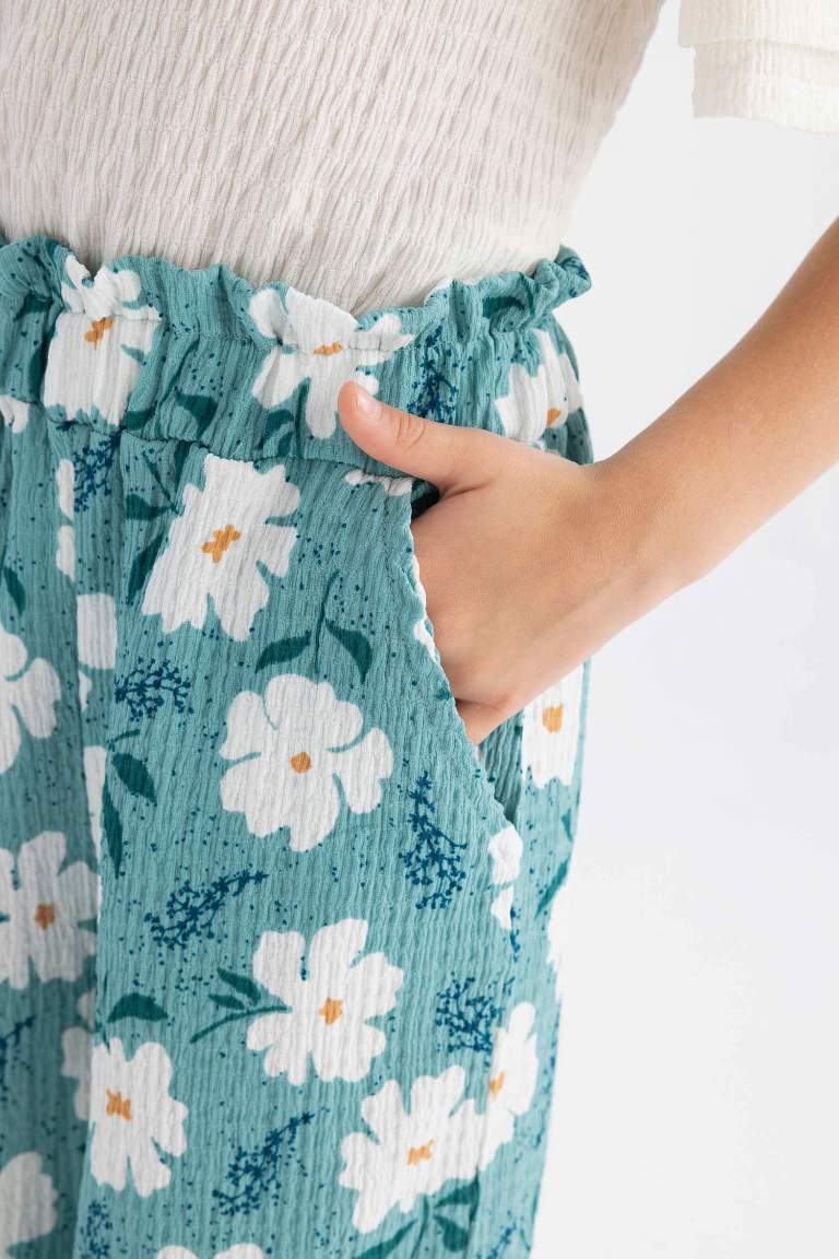 Pantalon Large à Fleurs Froncé pour Fille