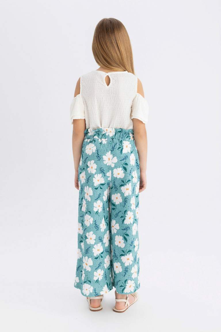 Girl Wide Leg Floral Wrinkled Trousers