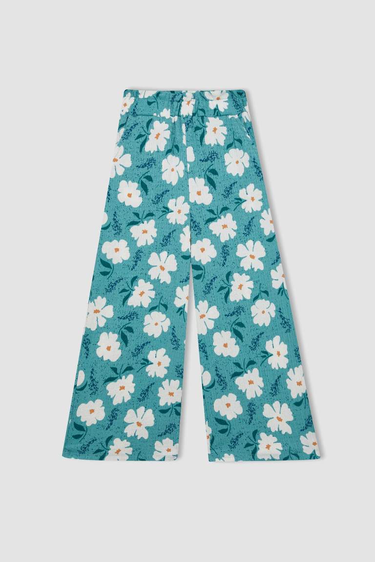 Girl Wide Leg Floral Wrinkled Trousers