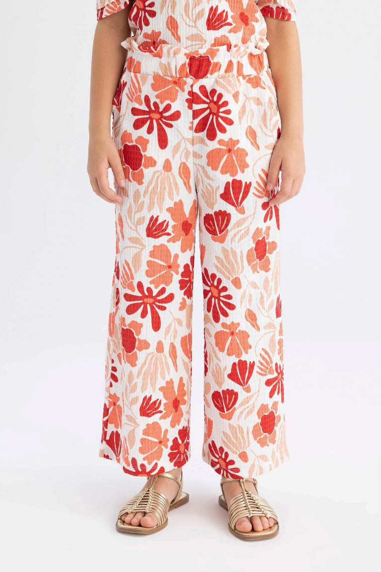 Girl Wide Leg Floral Wrinkled Trousers