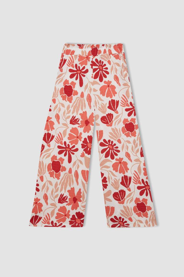 Girl Wide Leg Floral Wrinkled Trousers