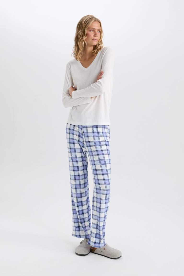 Fall in Love V Neck Basic Top Checked Bottom 2 Piece Pajama Set