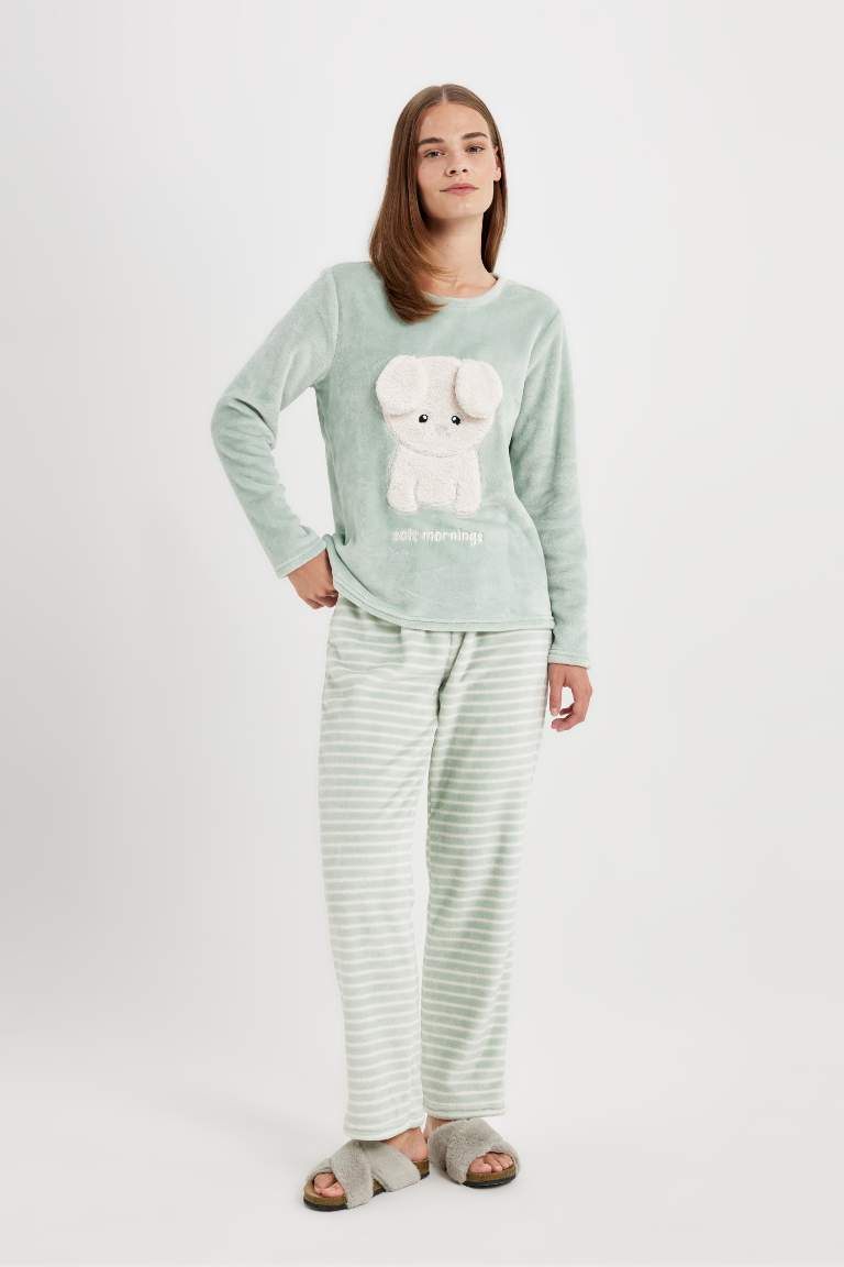 Fall in Love Pijama Takım Welsoft Pelüş Baskılı Bisiklet Yaka Uzun Kollu Üst Çizgili Beli Lastikli Alt